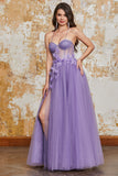 Purple A-Line Spaghetti Straps Corset Prom Dress with 3D Flowers