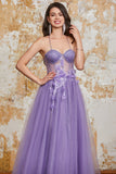 Purple A-Line Spaghetti Straps Corset Prom Dress with 3D Flowers