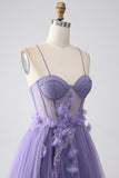 A-Line Spaghetti Straps Corset Purple Prom Dress with 3D Flowers