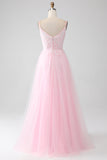 Light Pink A-Line Spaghetti Straps Sequins Prom Dress with Beading