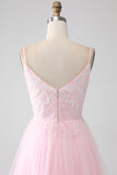 Light Pink A-Line Spaghetti Straps Sequins Prom Dress with Beading