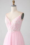 Light Pink A-Line Spaghetti Straps Sequins Prom Dress with Beading