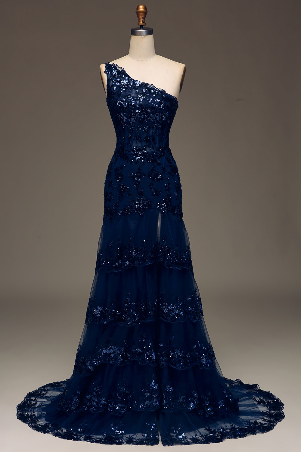 WEDTREND Women Sparkly Dark Navy Long Prom Dress with Slit Tiered Lace One Shoulder A-Line Formal Dress WEDTREND Women Sparkly Dark Navy Long Prom Dress with Slit Tiered Lace One Shoulder A-Line Formal Dress