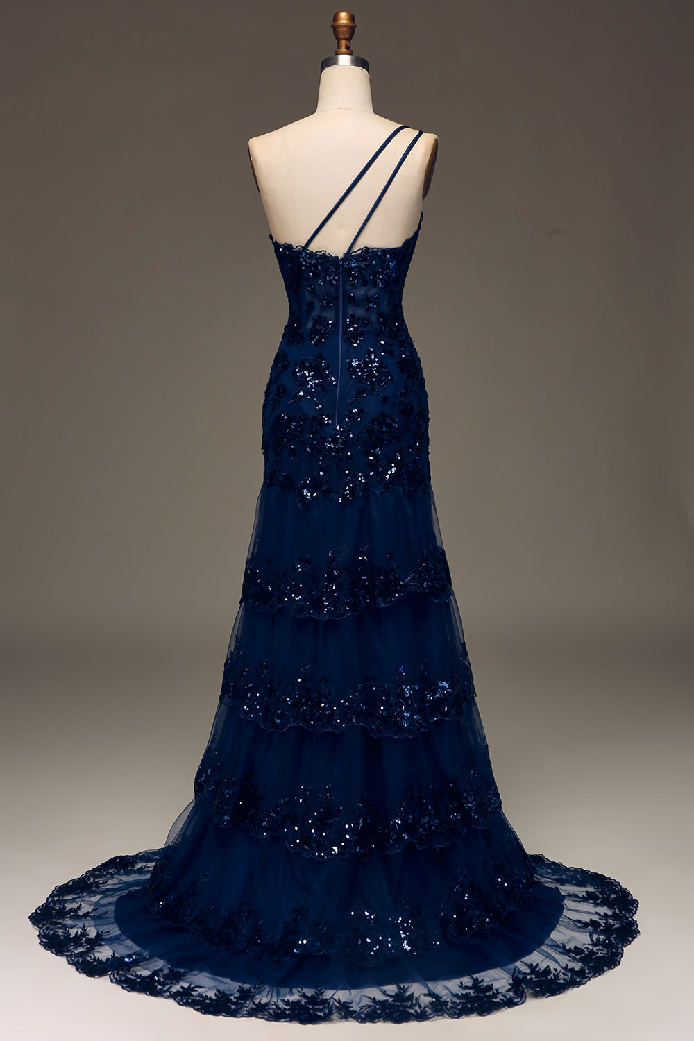 Sparkly Dark Navy A Line One Shoulder Tiered Lace Long Prom Dress with Slit