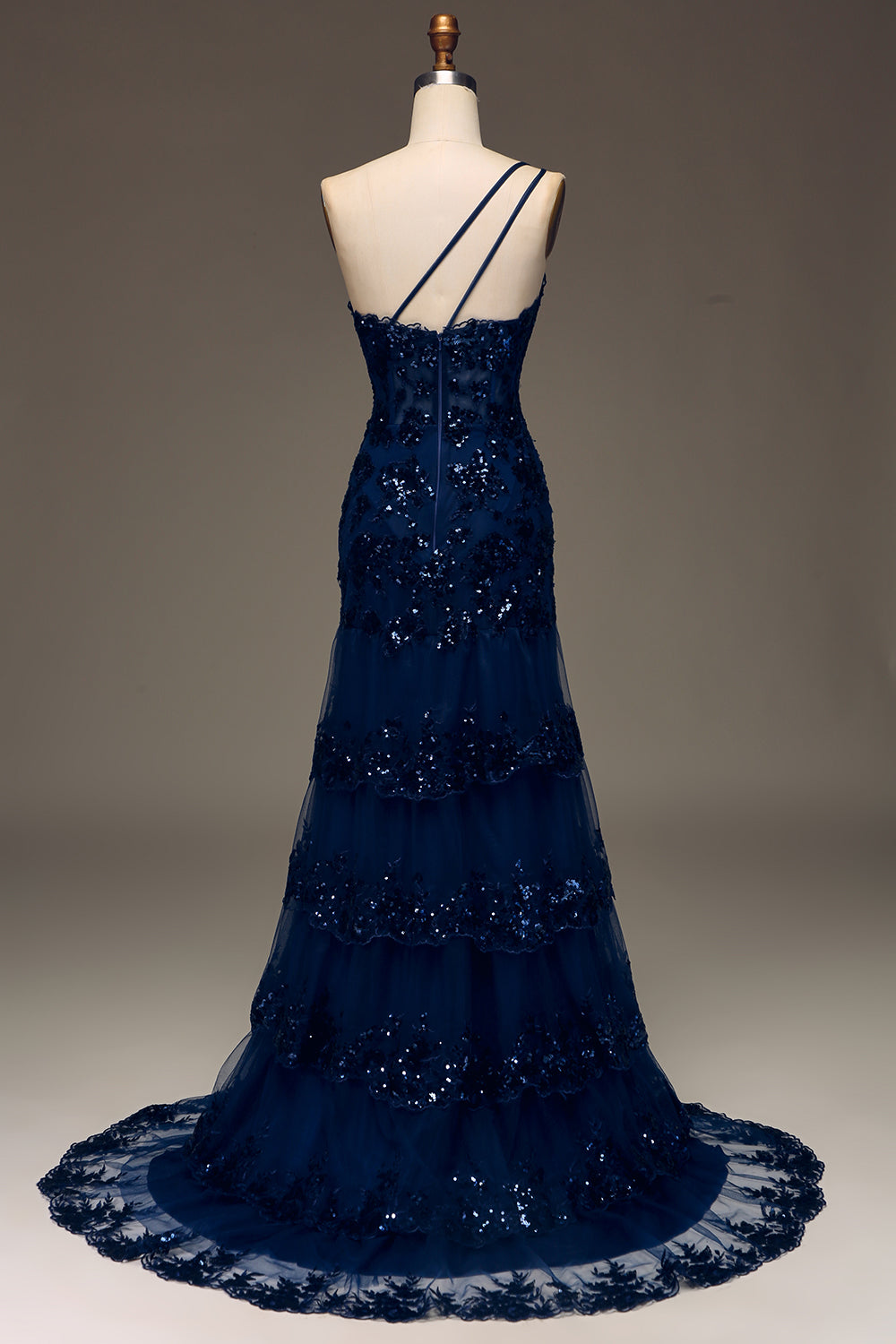 WEDTREND Women Sparkly Dark Navy Long Prom Dress with Slit Tiered Lace One Shoulder A-Line Formal Dress WEDTREND Women Sparkly Dark Navy Long Prom Dress with Slit Tiered Lace One Shoulder A-Line Formal Dress
