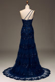 Sparkly Dark Navy A Line One Shoulder Tiered Lace Long Prom Dress with Slit