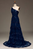 Sparkly Dark Navy A Line One Shoulder Tiered Lace Long Prom Dress with Slit