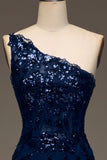 Sparkly Dark Navy A Line One Shoulder Tiered Lace Long Prom Dress with Slit