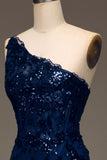 Sparkly Dark Navy A Line One Shoulder Tiered Lace Long Prom Dress with Slit