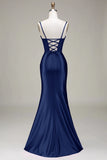 Stylish Mermaid Spaghetti Straps Corset Purple Prom Dress with Split Front