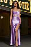 Stylish Mermaid Spaghetti Straps Corset Purple Prom Dress with Split Front