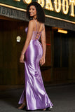 Stylish Mermaid Spaghetti Straps Corset Purple Prom Dress with Split Front