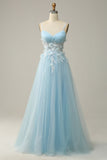 Sky Blue A Line Spaghetti Straps Prom Dress with Appliques