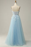 Sky Blue A Line Spaghetti Straps Prom Dress with Appliques