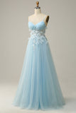 Sky Blue A Line Spaghetti Straps Prom Dress with Appliques
