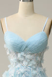 Sky Blue A Line Spaghetti Straps Prom Dress with Appliques