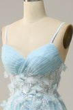 Sky Blue A Line Spaghetti Straps Prom Dress with Appliques