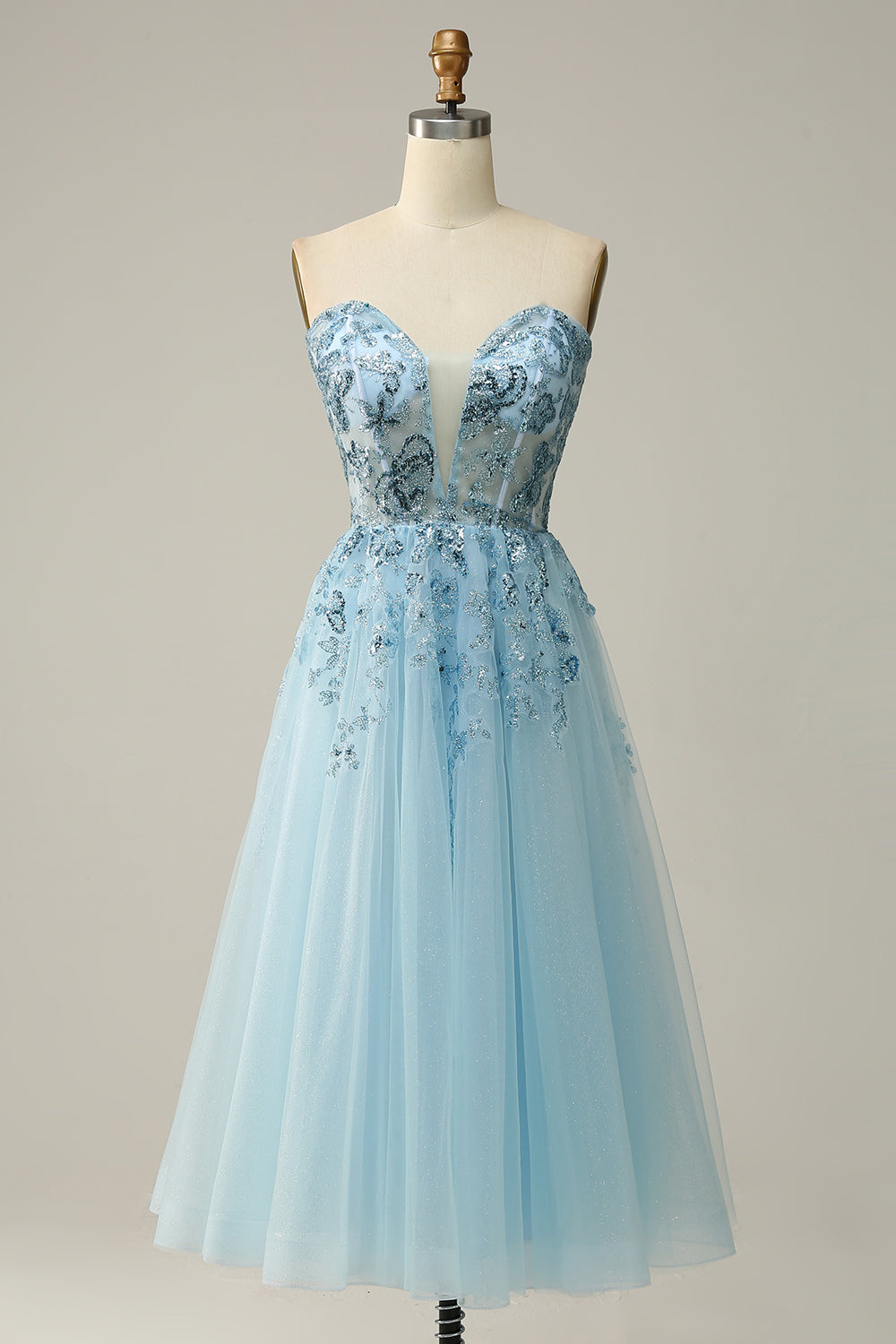 Sky Blue A Line Sweetheart Midi  Sequins Wedding Party Dress