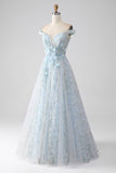 Light Blue A-Line Off the Shoulder Long Corset Prom Dress With Appliques