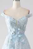 Light Blue A-Line Off the Shoulder Long Corset Prom Dress With Appliques