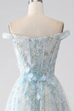 Light Blue A-Line Off the Shoulder Long Corset Prom Dress With Appliques