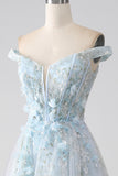 Light Blue A-Line Off the Shoulder Long Corset Prom Dress With Appliques