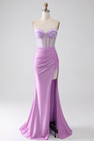 Lilac Mermaid Sweetheart Strapless Pleated Corset Prom Dress with Slit