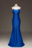 Simple Royal Blue Mermaid Spaghetti Straps Satin Long Prom Dress