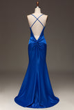 Simple Royal Blue Mermaid Spaghetti Straps Satin Long Prom Dress
