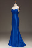 Simple Royal Blue Mermaid Spaghetti Straps Satin Long Prom Dress