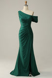 Dark Green Mermaid One Shoulder Long Prom Dress with Slit
