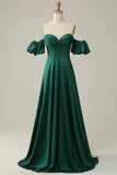 A Line Off the Shoulder Dark Green Long Bridesmaid Dress