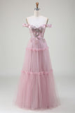 Blush A-Line Off the Shoulder Tulle Long Prom Dress with Appliques