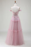Blush A-Line Off the Shoulder Tulle Long Prom Dress with Appliques
