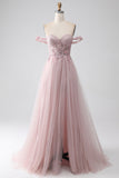Blush A Line Off the Shoulder Sequin Beaded Corset Prom Dress with Slit