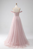 Blush A Line Off the Shoulder Sequin Beaded Corset Prom Dress with Slit