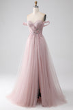 Blush A Line Off the Shoulder Sequin Beaded Corset Prom Dress with Slit