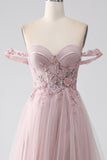 Blush A Line Off the Shoulder Sequin Beaded Corset Prom Dress with Slit
