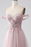 Blush A Line Off the Shoulder Sequin Beaded Corset Prom Dress with Slit