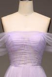 Princess Lilac Off the Shoulder A Line Tulle Prom Dress With Slit