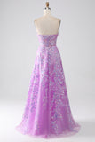 Purple A-Line Strapless Corset Long Prom Dress with Appliques