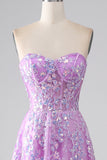 Purple A-Line Strapless Corset Long Prom Dress with Appliques