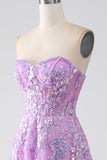 Purple A-Line Strapless Corset Long Prom Dress with Appliques