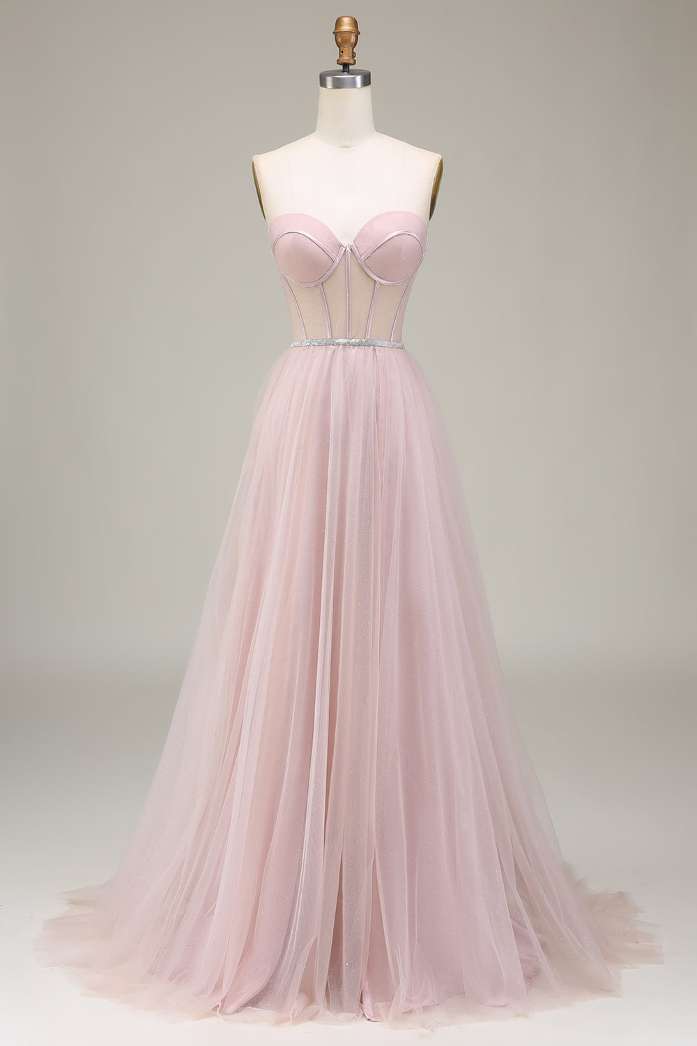 Light Pink A-Line Sweetheart Tulle Corset Long Prom Dress