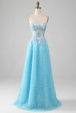 Sky Blue A-Line Sweetheart Sparkly Sequin Corset Prom Dress with Appliques