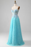 Sky Blue A-Line Sweetheart Sparkly Sequin Corset Prom Dress with Appliques