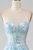 Sky Blue A-Line Sweetheart Sparkly Sequin Corset Prom Dress with Appliques