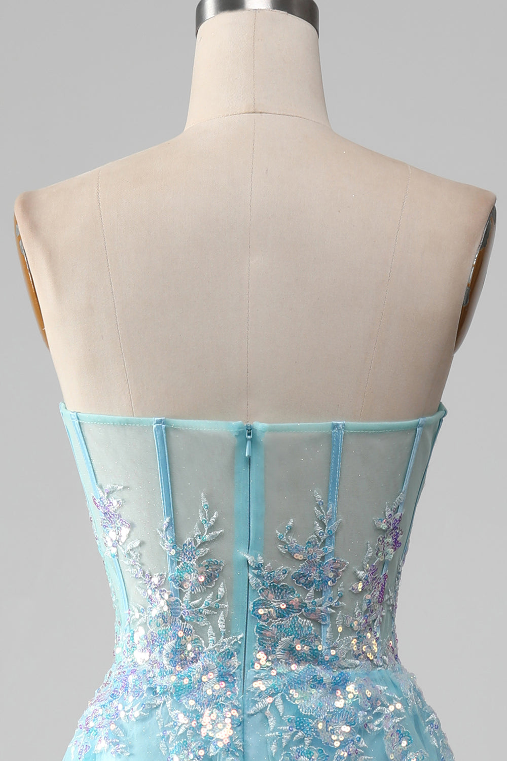 Sky Blue A-Line Sweetheart Sparkly Sequin Corset Prom Dress with Appliques