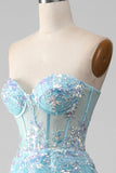 Sky Blue A-Line Sweetheart Sparkly Sequin Corset Prom Dress with Appliques