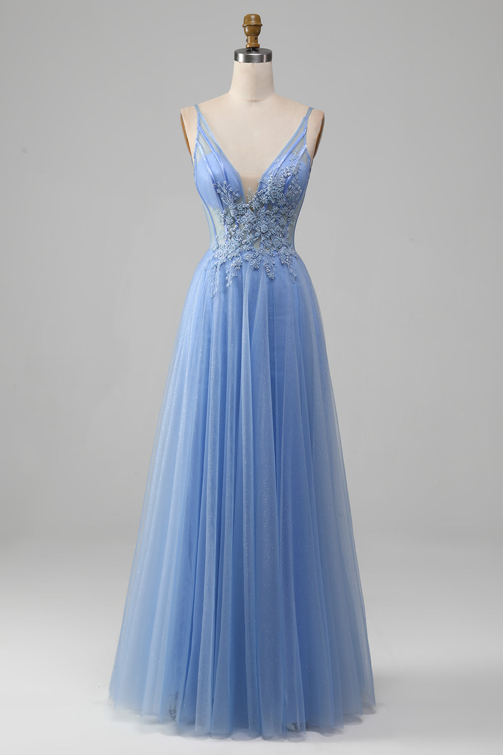 Wedtrend Women Light Blue Long Prom Dress A-Line V Neck Tulle Evening Dress with Appliques, Light Blue / US4 Wedtrend Women Light Blue Long Prom Dress A-Line V Neck Tulle Evening Dress with Appliques, Light Blue / US4